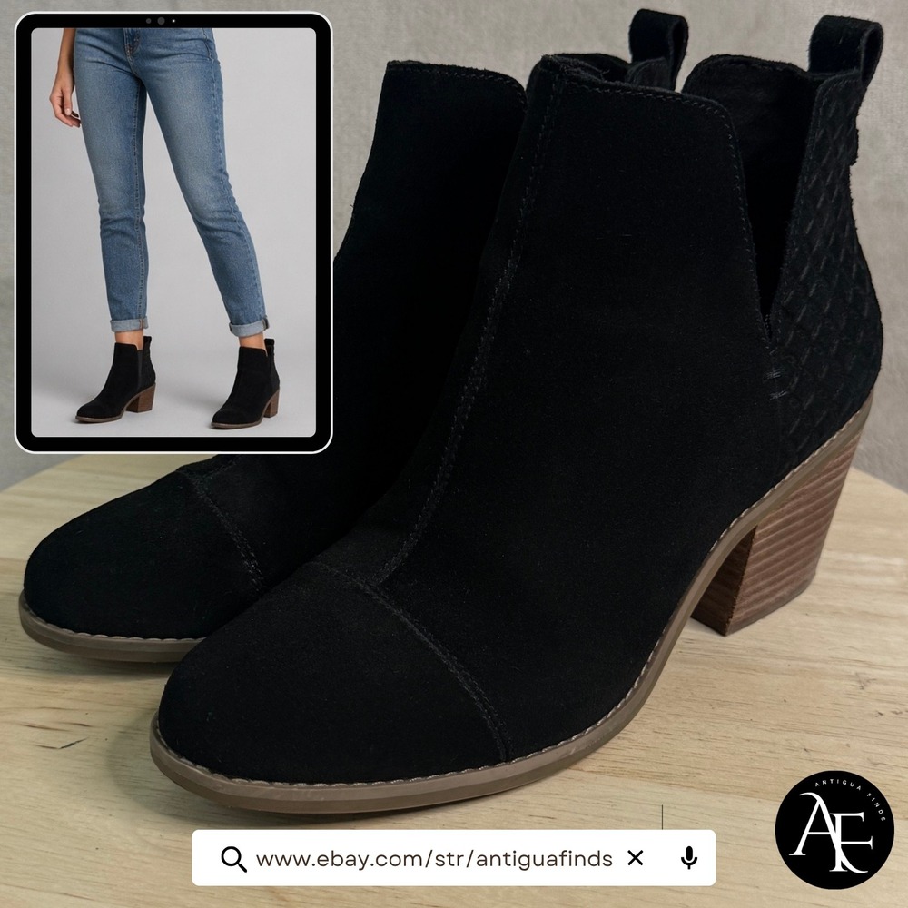 TOMS Luela Black Suede‎ Quilted Ankle Boots Block Heel 8.5 100110523-20